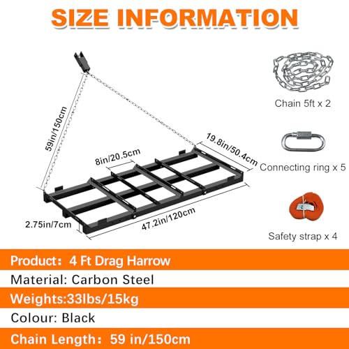 4 Ft Drag Harrow, Heavy Duty Driveway Grader, Tow Behind Lawn Rake with 5 Ft Chain, 4 Safety Belts, 2 Adjustable Bars, Driveway Drag for Gravel, Sand, Lawn, Soil, Hay, ATV, UTV, Mower, Tractor, Black - color: Black-4FT