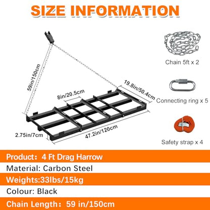 4 Ft Drag Harrow, Heavy Duty Driveway Grader, Tow Behind Lawn Rake with 5 Ft Chain, 4 Safety Belts, 2 Adjustable Bars, Driveway Drag for Gravel, Sand, Lawn, Soil, Hay, ATV, UTV, Mower, Tractor, Black - color: Black-4FT