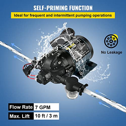 VEVOR Washdown Pump, 12V DC, 7 GPM 60 PSI, Max. 10 FT Lift Self Priming Water Pump, w/EPDM Valve, Universal Salt Water Strainer & Female/Male Thread, for RV, Marine Deck, Yacht - size: 12V, 7GPM, 60PSI