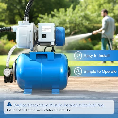 FOTING 1.5HP Shallow Well Pump with Pressure Tank, 1340GPH Jet Pumps Garden Pump, Water Transfer Draining Irrigation Pumps, Water Booster Jet Pump Stainless Steel for Home Garden Lawn Farm, Blue