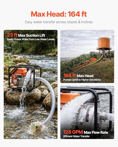 VEVOR Gas Powered Water Pump, 2 in, 128 GPM 6HP Semi Trash Water Transfer Pump Portable, Gasoline Engine with 25 ft Discharge Hose, Heavy Duty Frame, Cast Iron Impeller, for Irrigation, Ponds, Pools - size: 2in 6.0 HP 128GPM