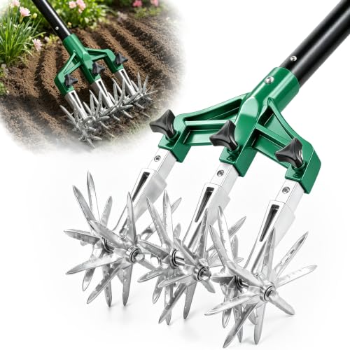 Altdorff Rotary Cultivator Garden Tool for Gardening and Lawn(61''), Rotary Hand Tiller with Detachable Thicker Tines&Sturdy Steel Handle, Manual Tiller Cultivator for Soil or Reseeding Grass