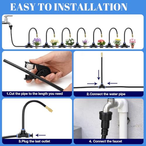 GOTGELIF 100FT Drip Irrigation Kit, with 25Pcs 360° Adjustable Nozzles, 5/16" Tubing, 30 T-connectors, Water-Saving System, Garden Watering Sprinkler for Greenhouse, Vegetable,Potted Plants, Lawn - size: 100FT+25 Nozzles
