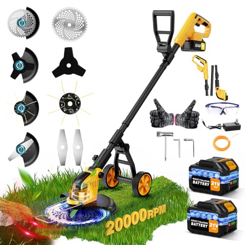 6000mAh 4-in-1 Electric Weed Wacker Cordless, 20000RPM Weed Eater Battery Powered, Heavy Duty Brush Cutter Edger Lawn Tool/Weed Trimmer/Grass Trimmer W/Wheel Metal Blade, 2 Battery Yard Tool - color: YELLOW