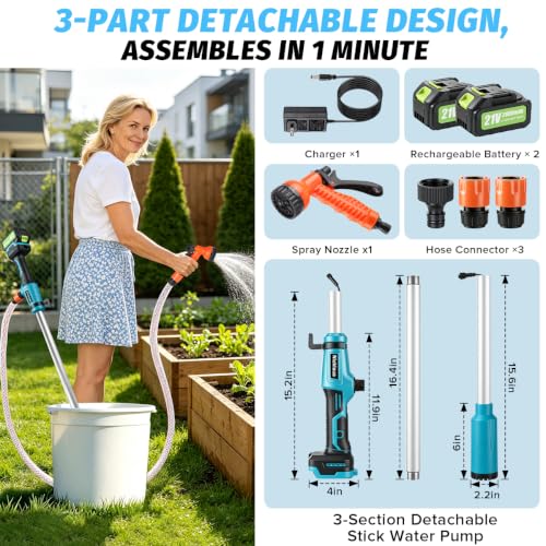 Cordless Stick Water Transfer Pump,electric water pump, Portable Electric Sump Pump,Battery Powered Sump Pump with 2x4.0Ah Batteries,Cordless Water Pump for Pool Garden Pond Farm Boat Draining