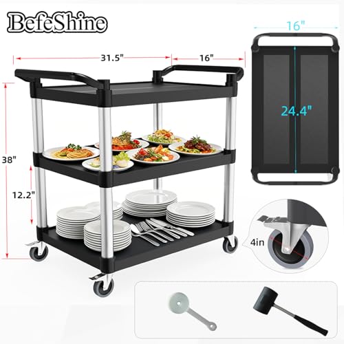 Plastic Utility Carts with Wheels, 3-Tier Rolling Cart, Restaurant Cart - size: 31.5"×16"×38" S