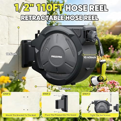 110 FT 1/2" Retractable Garden Hose Reel, Wall Mount - color: Green, size: 110FT-1/2"
