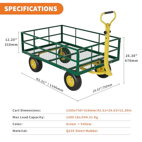 Yard Cart 1200 LBS Capacity, 10" Pneumatic Tires & Convertible Flatbed, Heavy Duty Steel Garden Utility Wagon for Lawn, Farm, Construction, Hauling Soil, Mulch, Firewood - color: Green Yellow, size: 1200LBS