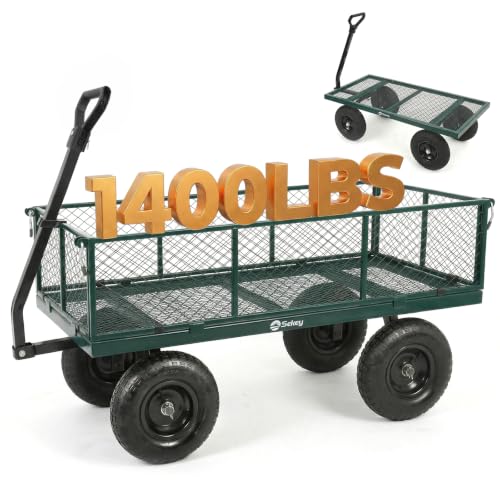 Sekey 1400lbs Heavy Duty Steel Garden Cart for Farm & Construction, 7.7 Cu.Ft. Extra-Large Utility Wagon with Removable Sides, 2-in-1 Towable Handle, 13" Rubber Tires, Green - color: Green, size: 1400LBS