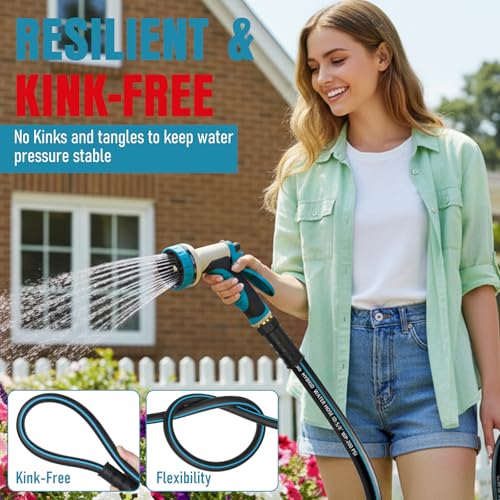 Garden Hose 35 ft x 5/8" with Nozzle, Water Hose Heavy Duty Flexible, Lightweight Kink-less Hybrid Hose with Swivel Handle, Male to Female Fittings (Blue, 35FT) - color: Blue, size: 35ft