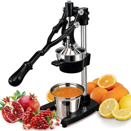 19 Inch Height Extra Tall Commercial Heavy Duty Cast Iron Hand Press Manual Orange Citrus Lemon Lime Grapefruit Pomegranate Fruit Juice Squeezer Machine with Stainless Steel Cup Black - color: Black, size: 19 Inch