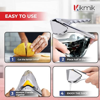 Stainless Steel Lemon Squeezer - Foldable Handheld Citrus Press & Manual Juicer with Sideways Pivot, Ergonomic Space Saving Design (Silver).