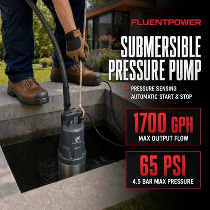 FLUENTPOWER Deep Well Submersible Water Pump, 1.5HP 1700GPH, 147' Head, Automatic On/Off Water Pump with 49ft Cord, Stainless Steel, for Garden Home Watering and Farmland Irrigation - size: 1.5HP Deep Well