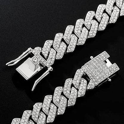 JUNVirtuous Cuban Link Chain Mens Iced Out Miami Cuban Necklace Silver/Gold Bling Diamond Hip Hop Jewelry for Women - color: 18 inch Silver Necklace