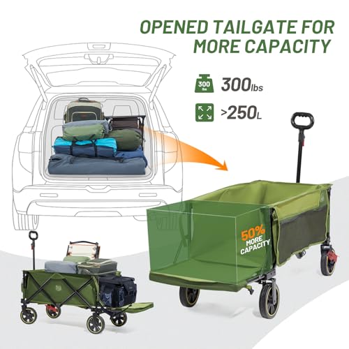 Timber Ridge 49" Extra Long Collapsible Folding Wagon with Tailgate&Brakes - color: Green, size: 250L