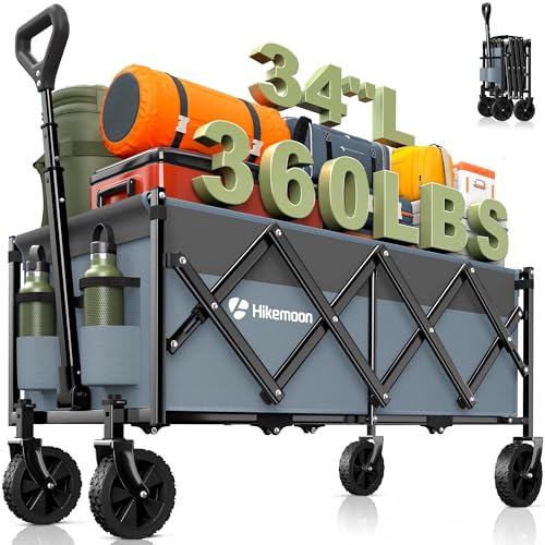 HIKEMOON 34'' Extra Long Folding Portable Wagon, 120L 360LBS Blue & Grey - color: Blue & Grey