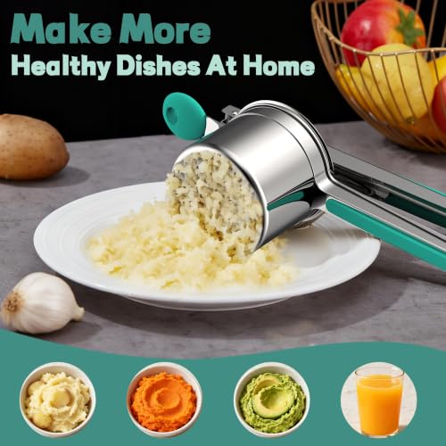 Large 15oz Potato Ricer for Mashed Potatoes, Heavy Duty 18/8 Stainless Steel Potato Masher for Baby Food & Spaetzle Maker, Masher and Ricer Kitchen Tool, Press and Mash Kitchen Gadget, Green - color: Green
