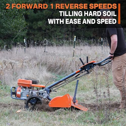 NOVUS 18-Inch Dual Direction Rear Tine Tiller, 212cc 4-Cycle Gas Engine, Full Gear Transmission, Dual Rotating Tines, Airless Tires Gas Tiller for Small to Large Gardens
