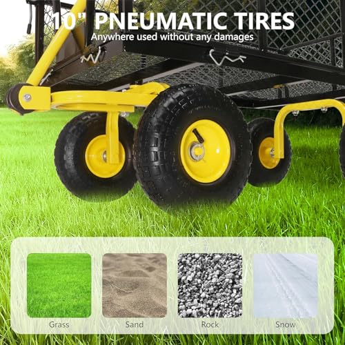 Steel Garden Cart, 2-in-1 600 lbs Heavy Duty Utility Wagon, with Removable Mesh Sides to Convert into Flatbed, 240° U-Turn 10" Pneumatic Tires Garden Wagon for Farm Yard Lawn Garden Camping (Yellow) - color: Yellow