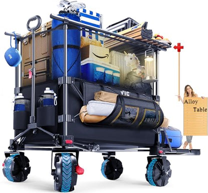 VIC 680lbs Super Cart & Table 1=5 Set, 480L Mega Capacity 54" Extra Long Extra high Folding Wagon, Heavy Duty Collapsible Carts with Brakes, All-Terrain Big Wheels for Camping, Store, Shopping