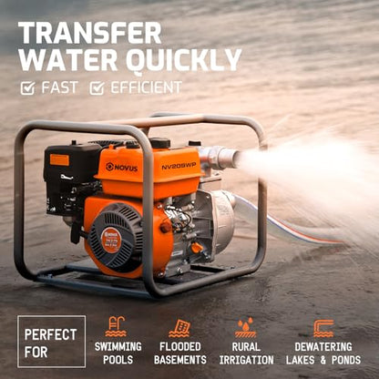 NOVUS 2-inch Semi Trash Pump, 212cc 4 Cycle Engine, 141 GPM 100ft Lift 23ft Suction, Gas Powered Water Pump for Pond Pool Draining Gardening Irrigation,EPA Certified - size: 2" Semi Trash Pump