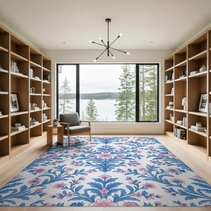 9'x12' Blue Pink Chinoiserie Toile Way Motif Washable Area Rug - color: Blue/Pattern 1, size: 9' x 12' (Rectangular)