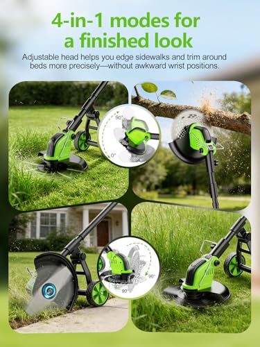 800W Brushless 4-in-1 Cordless Electric String Trimmer with Wheels, 12-Inch