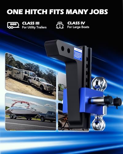 OMT Adjustable Trailer Hitch, 2" Receiver, 8" Drop/Rise 12,500 lb Dual Ball - size: 2" Receiver 8" Drop & Rise