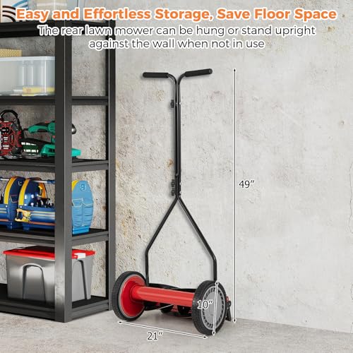 Push Lawn Mower, 14" Manual Rear Mower with 5 Steel Blades, Adjustable Cutting Heights & Grass Catcher Bag, Walk-Behind Grass Cutter Lawn Sweeper for Garden, Park & Yard (Red) - color: Red, size: 14"