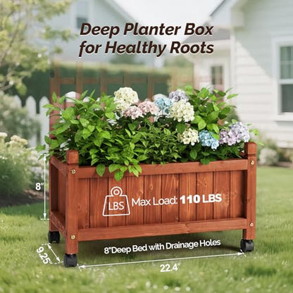 VINGLI 2PC Wooden Planter with Trellis, 50" Height Elevated Garden Beds Outdoor with Wheels, FreeStanding Planter Box with Drainage Holes for Flower, Vegetable, Fruit, Herb in Garden, Patio, Balcony