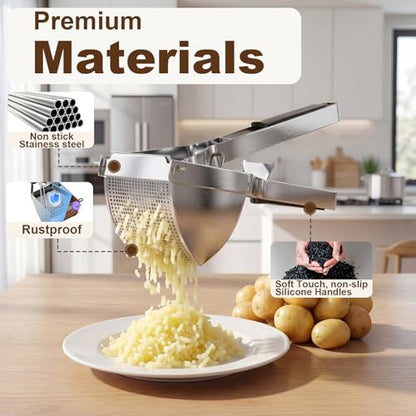 15oz Potato Ricer with 4 Plates - Heavy Duty Stainless Steel Masher for Silky or Chunky Potatoes, Carrots & Baby Food,Dishwasher Safe,Home Essentials,Supplies