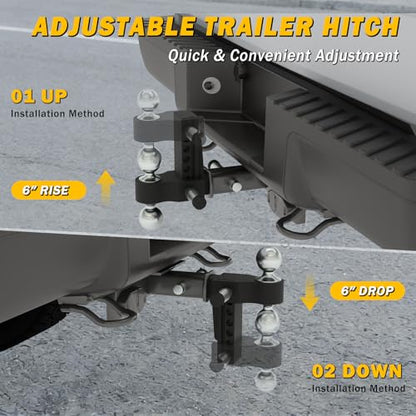 Aluminum Adjustable Trailer Hitch for 2-Inch Receiver 6 Inch Drop/Rise Hitch Ball Mount with 2" and 2-5/16" Ball Hitches Heavy Duty Black 12,500 LBS GTW Towing Hitch - color: Black-6Inch