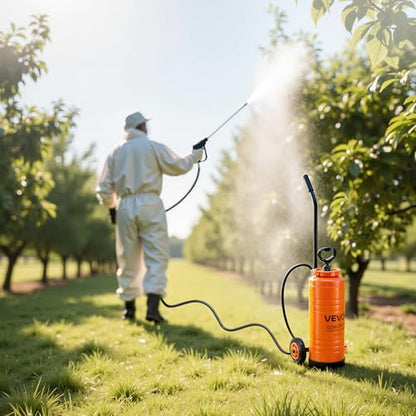 VEVOR Industrial Concrete Sprayer with Wheeled Cart, 3.5 Gallon Stainless Steel Sprayer, Heavy Duty Tri-Poxy Pump Sprayers, 20.5"Wand, 48" & 120"Hoses, 2 Brass Nozzles for Construction, Lawn & Garden - size: 3.5 Gal with Cart