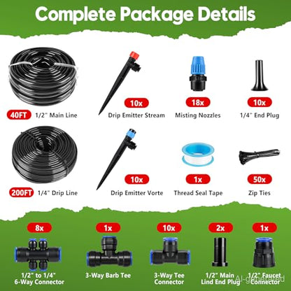 240FT Drip Irrigation System Kit, Automatic Garden Watering System - size: 40FT Main tube+200FT 1/4'' tube