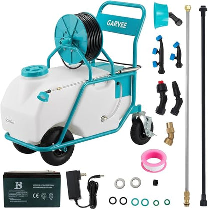 Garvee 24 Gallons Battery Powered Sprayer with Wheeled Cart, 12V 12Ah Electric Sprayer with 6 Nozzles & 2 Wands, 5-6 Hour Runtime, 90PSI Adjustable Pressure, Trigger Lock, Yard Sprayers for Lawn - size: 24 Gal.