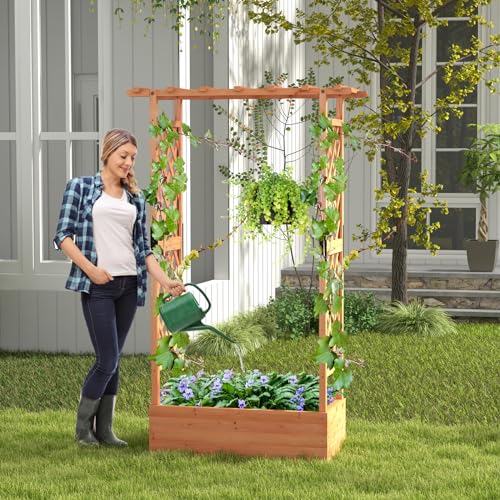 LDAILY Raised Garden Bed with Trellis, Above Ground Garden Bed with Hanging Roof, Side Trellis, & 4 Drainage Holes, Planter Box for Outdoor Climbing Plants Vines Flowers (1, 43.5"L x 17.5"W x 72"H) - size: 43.5" L x 17.5" W x 72" H