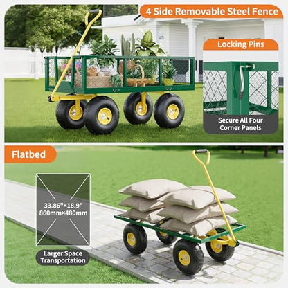 Yard Cart 1200 LBS Capacity, 10" Pneumatic Tires & Convertible Flatbed, Heavy Duty Steel Garden Utility Wagon for Lawn, Farm, Construction, Hauling Soil, Mulch, Firewood - color: Green Yellow, size: 1200LBS