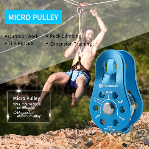 NewDoar Fixed Plate Micro Pulley,28KN CE Certified General Purpose Small Aluminum Rope Pulleys for Climbing/Aloft Work/Rappelling/Rescue Etc - color: One Unit (28KN Pulley Blue)