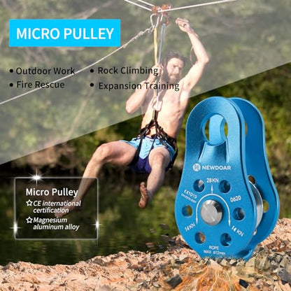NewDoar Fixed Plate Micro Pulley,28KN CE Certified General Purpose Small Aluminum Rope Pulleys for Climbing/Aloft Work/Rappelling/Rescue Etc - color: One Unit (28KN Pulley Blue)