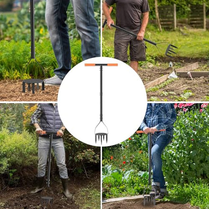 Luvenia Hand Tiller Cultivator with 5.1 Inch Deep 8 Steel Teeth, Manual Soil Tiller Garden Tool 40 Inch with Anti-Slip Pedal，Garden Claw for Weeding, Planting Aerating, Mixing Soil