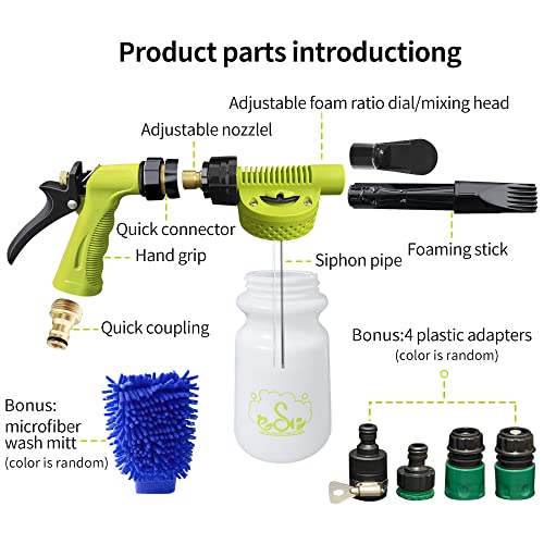 ESP Car Wash Foam Gun for Garden Hose Adjustable Hose Wash Sprayer Thick Filtration with Metal Handle Washing Mitts 6 Levels of Foam Concentration Snow Foam Blaster Quick Connector to Any Cleaning