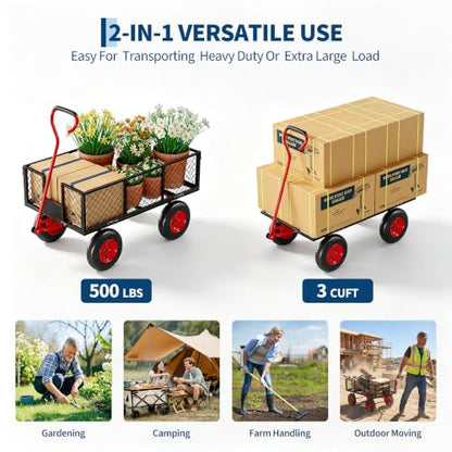 Heavy Duty 500 Lbs 3Cu Ft Steel Garden Cart Utility Wagon-Red