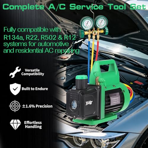 PB Motor Tech 4.5CFM Vacuum Pump with 3-Way Manifold Gauge, Green