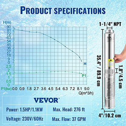 VEVOR Deep Well Submersible Pump, 1.5HP/1100W 230V/60Hz, 37GPM 276 ft Head, with 33 ft Electric Cord, 4 inch Stainless Steel Water Pumps for Industrial, Irrigation and Home Use, IP68 Waterproof Grade - style: 1.5HP/230V/ Built-in Controller