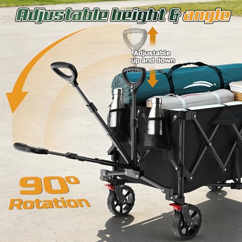 Wagons Carts Foldable,Collapsible Wagon with Wheels,450LBS Heavy Duty Beach Wagon Cart,Lightweight Portable Folding Utility Wagon Cart with Cup Holders for Camping, Garden, Sports, Grocery pcs - color: Black