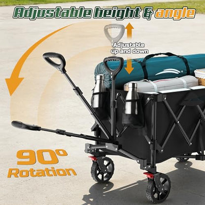 Wagons Carts Foldable,Collapsible Wagon with Wheels,450LBS Heavy Duty Beach Wagon Cart,Lightweight Portable Folding Utility Wagon Cart with Cup Holders for Camping, Garden, Sports, Grocery pcs - color: Black
