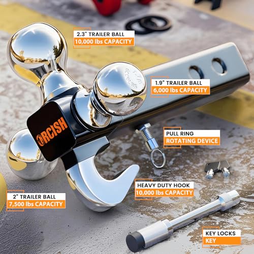 ORCISH 360° Swivel Tri-Ball Trailer Hitch Mount Hook & Lock for 2" Receiver - color: 2"-Rotatable-Chrome