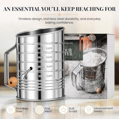 Bellemain Stainless Steel Flour Sifter for Baking with Hand Crank - 5 Cup - size: 5 Cup