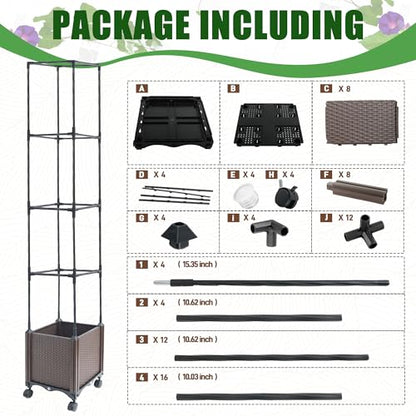 Quibbay Raised Garden Bed Planter Box with Trellis, 62.2" Self-Watering Tomato Planters for Climbing Plants Vine Flowers Outdoor Patio, Tomatoes Cage with Trellis Wheels for Outdoor, 1Pack - size: 4 Floors-11.8*11.8*62.2IN