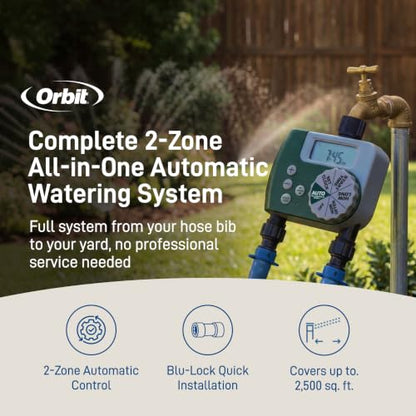 Orbit 2-Zone All-in-One Automatic Watering System - Automatic Sprinkler System for Yard Irrigation Setup - DIY Lawn Kit - Double Outlet Hose Timer - Easy Push-Fit Technology - Large Coverage - 50021 - style: Large Area